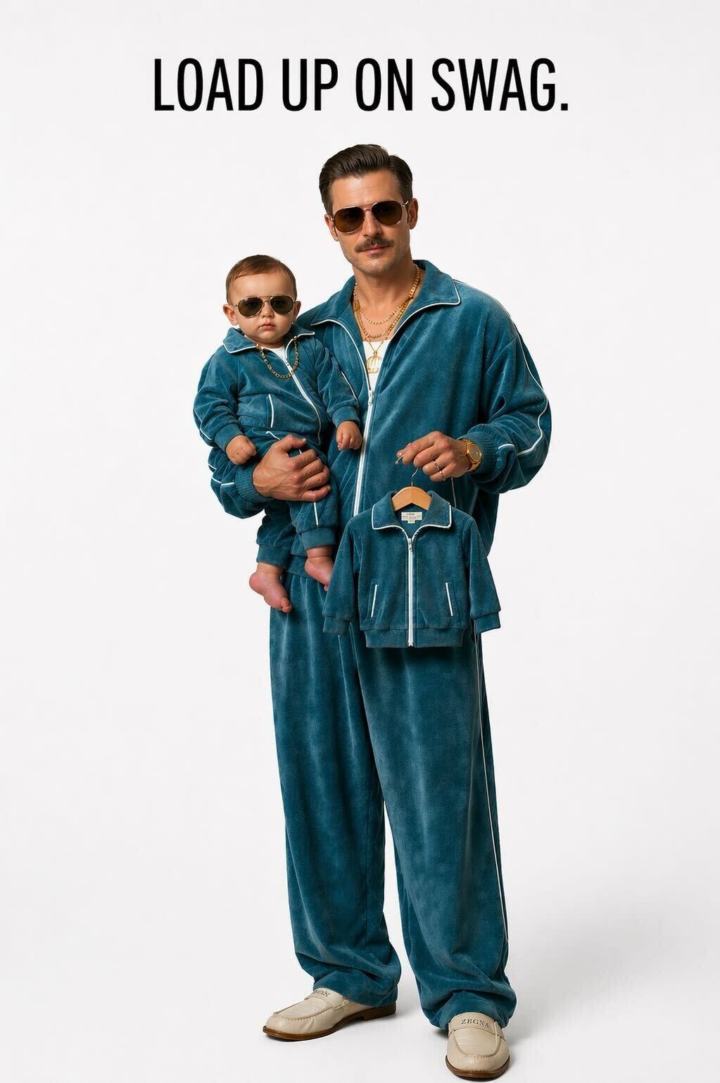 Father and baby in matching Mini Me velour tracksuits - Load Up On Swag