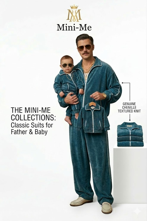 Father and son wearing matching blue Mini Me velour tracksuits